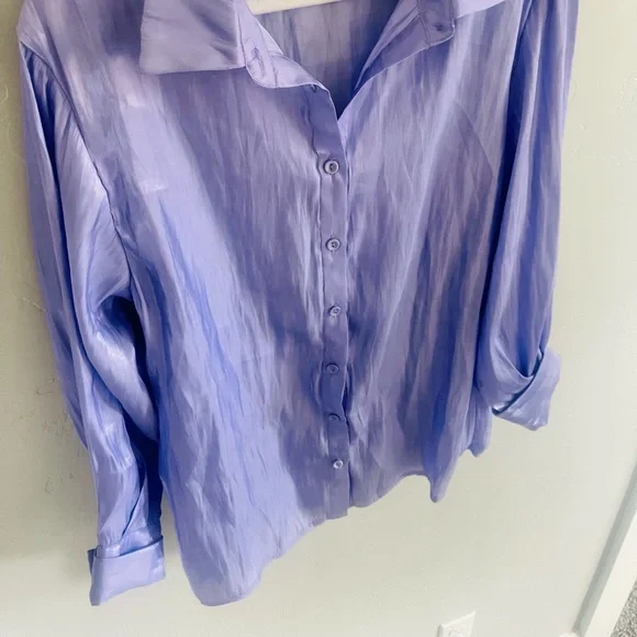 90's Glossy Satin Iridescent Button Down Blouse Violet Shot Silk SZ 4 SMALL NEW! - Picture 4 of 10